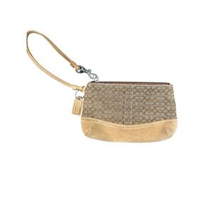 Coach Signature C Monogram Canvas and Suede Wristlet Khaki Tan Brown